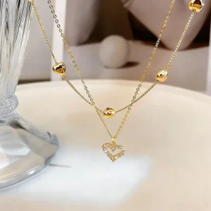 OJ New Fashion Cute Gold Plated Heart Pendant Necklace Double Layered Rhinestone Diamond Zircon for Women Jewelry