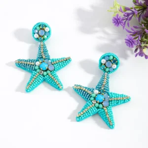 OJ Vintage Party Beach Starfish Dangle Earrings for Women Blue Zinc Alloy Beads Elegant Charms Drop Earrings