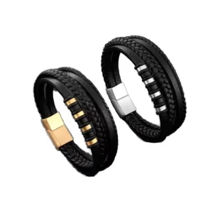 OMKAIMING Gold Plated Punk Style Charm Braided Geometric Wrap Genuine Leather Bracelet for Men Anniversary Jewelry