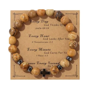 Obsidian Wood Beaded Cross Bracelet for Men Religious Christian Charms