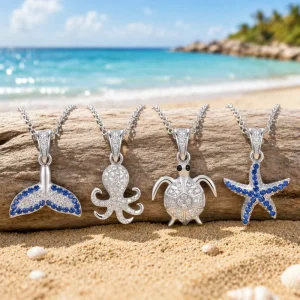 Ocean Collection Jewelry Stainless Steel Women Starfish Turtle Whale Tail Octopus Inlay Zircon Pendant Necklace Set