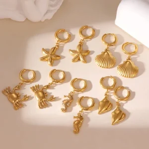 Ocean Series Beach Style 18K Gold Plated Stainless Steel Huggie Hoop Crab Seahorse Conch Starfish Shell Earring for Women Ladies