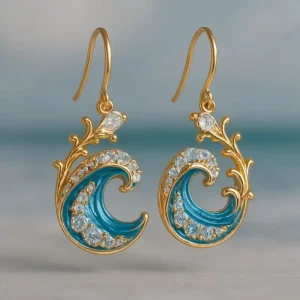 Ocean Style Copper Gold Plated Shiny Diamond Zircon Inlaid Oil Drip Enamel Blue Wave Creative Splashing Wave Pendant Earring