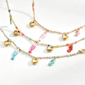 Ocean Style Enamel Fish Seahorse Charm Bracelet PVD Waterproof Stainless Steel Pendant Bracelet Vacation Jewelry