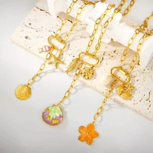 Ocean Style Gold Plated Stainless Steel Necklace with Goldfish Shell Pearl Pendant and Link Chain for Women