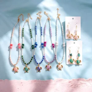 Ocean Turtle Beaded Jewelry Set Enamel Turtle Pendant Necklace Matching Drop Earrings Summer Beach Boho Jewelry for Women Girls