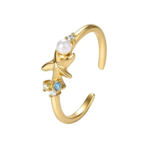 Ocean Vacation Starfish Shape 925 Silver 18K Gold Plated Colorful Cubic Zirconia Freshwater Pearl Open Rings