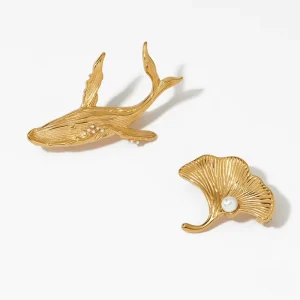 Ocean Whale Pearl Brooch Fashion Ginkgo Leaf Gold Plated Stainless Steel Brooches for Women Clothing Accessory