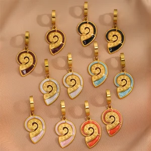 Ocean Women Fashion Jewelry 18K Gold Plated Stainless Steel Enamel Spiral Conch Hoop Earrings Multicolor Seashell Drop Earrings