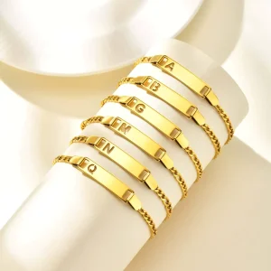 Oem 18K plated stainless steel gold hollowed-out name letter blank curved tag personalized engravable women’s bracelet BR-2086