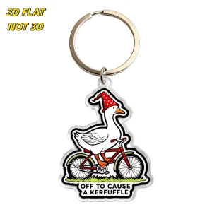 Off to Cause a Kerfuffle Goose Acrylic Keychain Clear Double Sided Humorous Bike Riding Duck Key Ring for Keys Bags Backpacks