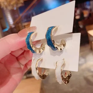 Oil Drip Blue White Color Enamel C Shape Women Earrings Simple Design Gift