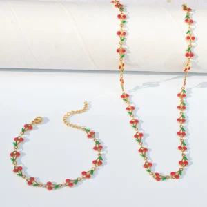 Oil Drip Cherry Fruit Pendant Bracelet Stainless Steel Handcrafted Chain Minimalist Trendy Fashion Jewelry for Women