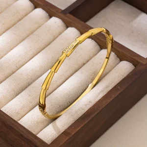 Oil Pressed Wavy Dented Open Cuff Statement Bangle Stainless Steel 18K Gold Plated Chunky Trendy