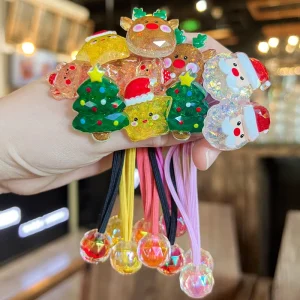 One Pair Cartoon Christmas Tree Shaped Shiny Children Hair Tie Cute Santa Claus Elk Rubber Band Bead Hair Rope Hair Accessory