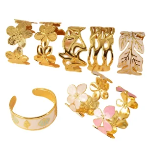 Open Cuff Charm Bracelets Steel Jewelry 316L 18K Gold Plated Geometric Floral Claw Setting Crystal Rhinestone