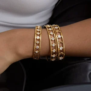 Open Cuff Fashion Bangle Star Moon Heart Round Zircon Hollow Wide Bracelets Non Tarnish Jewelry for Women