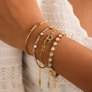 Open Heart Double Loop Bracelet for Women 18K Gold Plated with White CZ Crystals