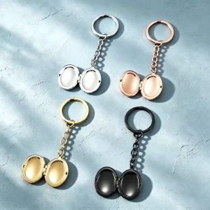 Open Oval Locket Keychain Photo Box Pendant Stainless Steel Key Ring Bag Charm Gift