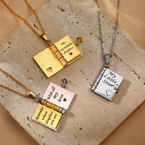 Openable Book Locket Fashion Necklace With Custom Stainless Steel Engraveable Pendants Personalized for Girls Gifts Jewelry