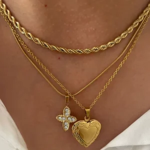 Openable Heart Locket Cross Zircon Pendant Necklace Stainless Steel Layering Jewelry for Women