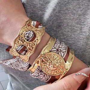 Opening C-shaped Sun God Charm Bracelets Copper 18k Gold Plated with Ribbon Smooth Bohemia Jewelry Bangles Set Women