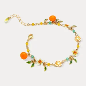 Orange Flower Enamel Charm Bracelet Gold Tone Fruit Floral Beaded Adjustable Chain Bracelet for Women’s Summer Vacation Fashion