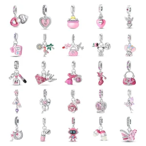 Original Design Charming Cute Pink Hued Heart Shaped Rose charms Beaded Pendant Jewelry 925 Sterling Silver bead