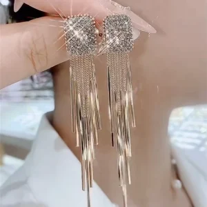 Original Electroplated Copper Alloy Long Tassel Stud Earrings Womenluxurious Diamond encrusted Statement Accessories Gift