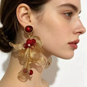 Original Fashion High end Metallic Vintage Hyperbole Statement Earrings Large Floral Beads Bold Minimalist Women’s Natural
