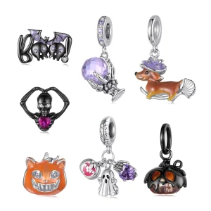 Original Halloween Charm Series 925 Sterling Silver Pumpkin Black Ghost Bead Purple Crytal Pendant DIY Jewelry Make Gift SCC3183