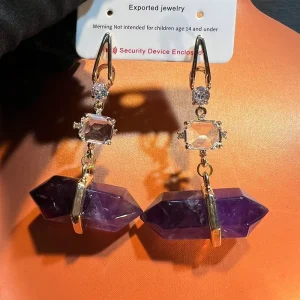 Original Stone Earrings Amethyst European and American Minimalist Style Original with Zirconium Fashionable