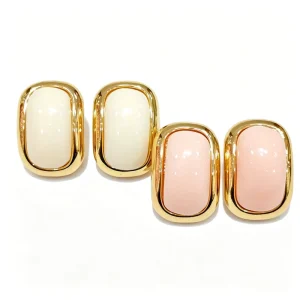 Oval Bezel Stud Earrings Gold color Plated Creamy Pink Resin Stone Statement Jewelry for Unisex