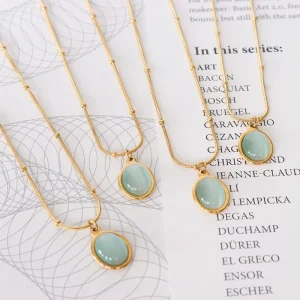 Oval Blue Cat Eye Stone Stainless Steel Pendant Necklace for Women French Vintage Chain