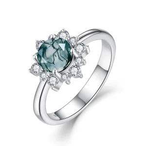 Oval Cut Moissanite Moss Agate Engagement Ring Unisex Floral Halo White Gold Plating for Wedding Gift Anniversary