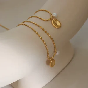 Oval Pendant Necklace 316L Stainless Steel 18K Gold Plated Freshwater Pearl Beaded Chain Necklace for Women