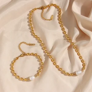 Oval Steel Bead Pearl Necklace and Bracelet Set for Women Hip Hop Trendy Fashion Jewelry