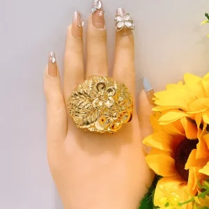 Oversized 3D Floral Leaf Gold Statement Ring Women Vintage Embossed Flower Adjustable Open Band Chunky Retro Finger Jewelry