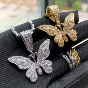 Oversized Butterfly Pendant Necklace with Full CZ Stones for Hip Hop Jewelry
