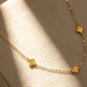 PCX 18K Solid Gold Four Leaf Clover Necklace Non Tarnish Brand Flower Charm Choker Pendant Necklace Fine Jewelry Women