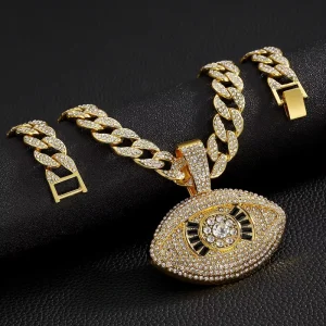 PD3016 Iced Eye Pendant Necklace Hip Hop Style Cuban Chain Gold Plated Zinc Alloy Featuring Buddhist Symbol