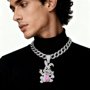 PD3145 Hip Hop Style Cartoon Rabbit Pendant Necklace Cuban Chain Neck Accessory Alloy