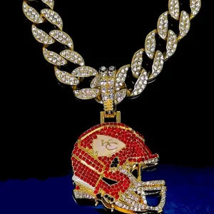 PD3178 European American Hip Hop Style Full Red Rhinestone Cuban Link Chain Chiefs Helmet Pendant Men’s Necklace Zinc Alloy