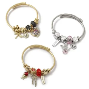 PFT Fashionable Stainless Steel Charm Bracelet with Crystal Dragonfly Pendant Gold Colored Electroplated Jewelry