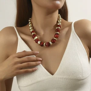 PFT Gold Resin Bead Necklace Exaggerated Fashion Collarbone Chain Colorful Beads High End Personalized Classic Party Jewelry