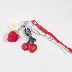 PU Cherry Strawberry Knitted Ornament Keychain Woven Rope Fruit Bag Charm Decorative Pendant Gift for Women Girls