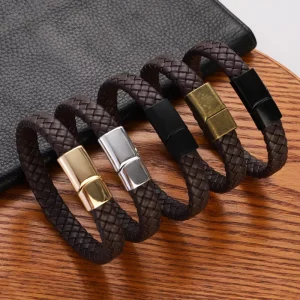 PU Leather Brown Wrap Woven Cuff Bracelets Handmade Men Women Bracelets Men Magnet Clasp Bangle Jewelry