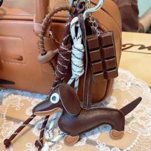PU Leather Dachshund Dog Bag Charm Cute Sausage Dog Keychain With Chocolate Pendant Lanyard Backpack Handbag Ornament
