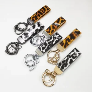 PU Leather Keychain Leopard Print Car Keychain with Wrist Buckle Bag Pendant Accessory