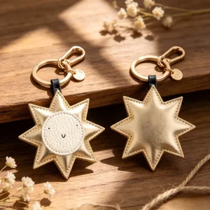 PU Leather Sun Bag Charm Cute Smiling Face Keychain Personalized Gold Sun Pendant for Handbags Women Gifts